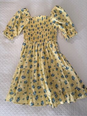 Nordstrom Yellow Floral Smocked Midi Dress with Blue Print Girls 12